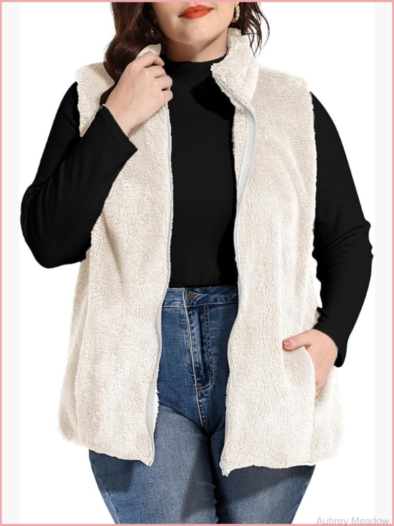 Plus Size Fleece Vest Sleeveless Sherpa Jacket With Pockets Coats Outerwear Zip